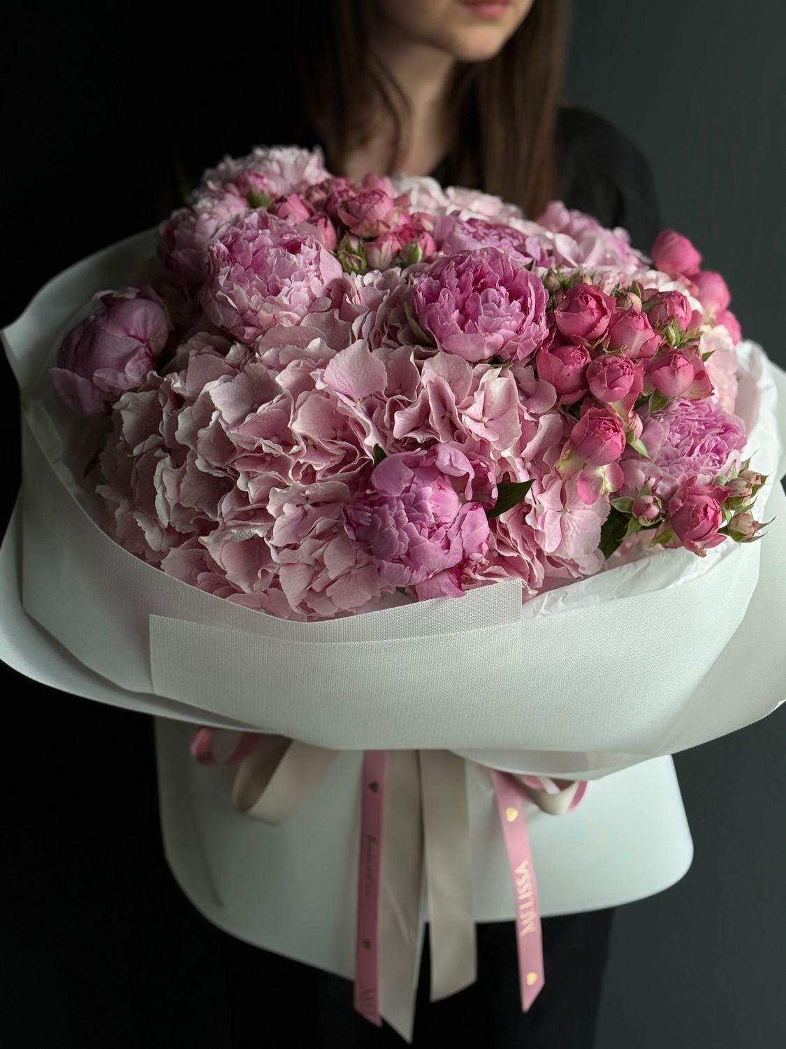 Bouquet pink hydrangeas, peony roses, and peonies "Sara"