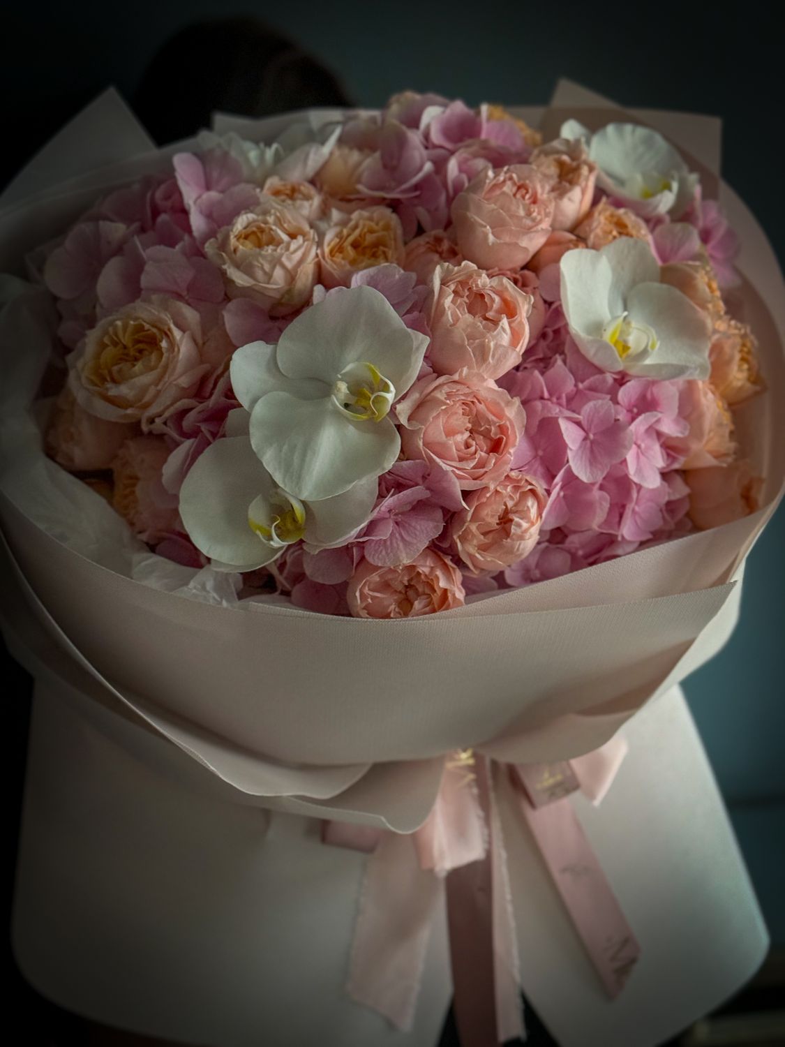 Bouquet pink hydrangeas, Julietta spray roses, and orchids «Eliza»