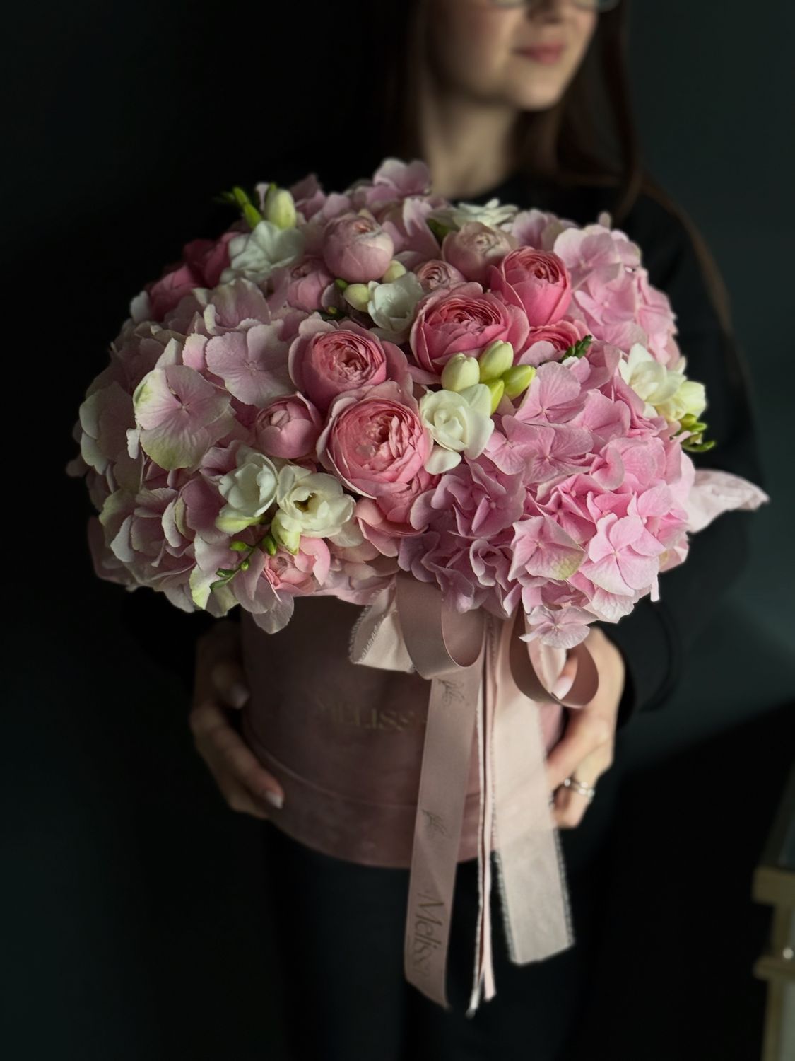 Pink hydrangeas, peony roses Silva Pink and freesias – flower box “Verena”
