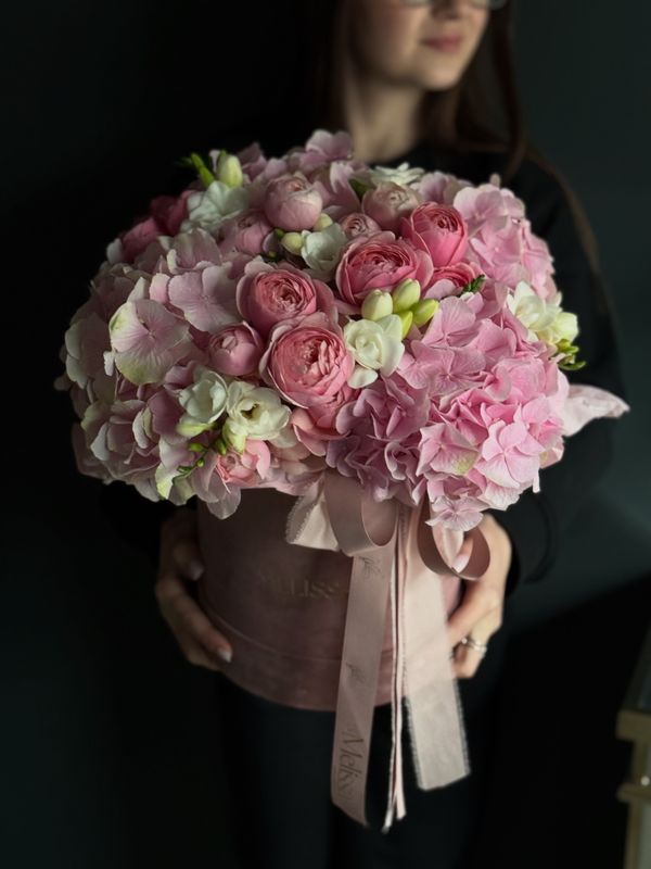 Pink hydrangeas, peony roses Silva Pink and freesias – flower box “Verena”