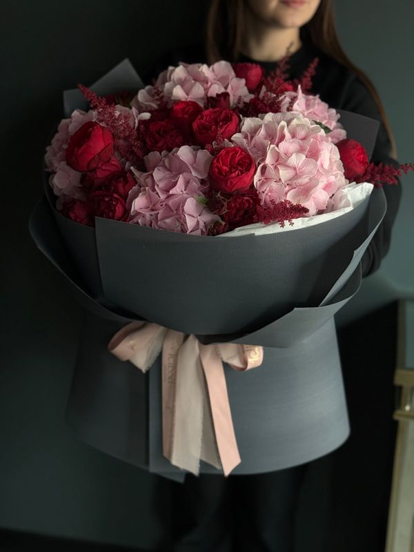 Bouquet red peony roses and hydrangeas "Arina"