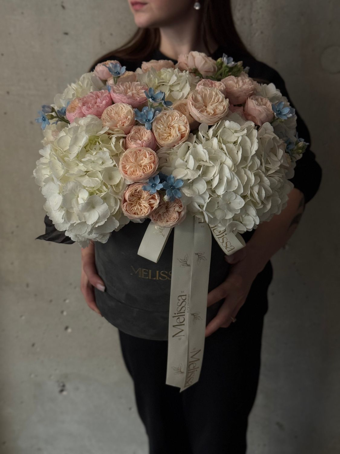 White hydrangeas, peony roses Royal Blush with blue accents – flower box “Valerie”
