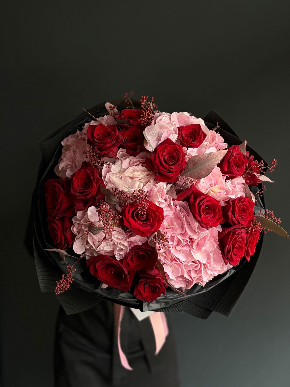 Bouquet red peony roses and hydrangeas "Arina"