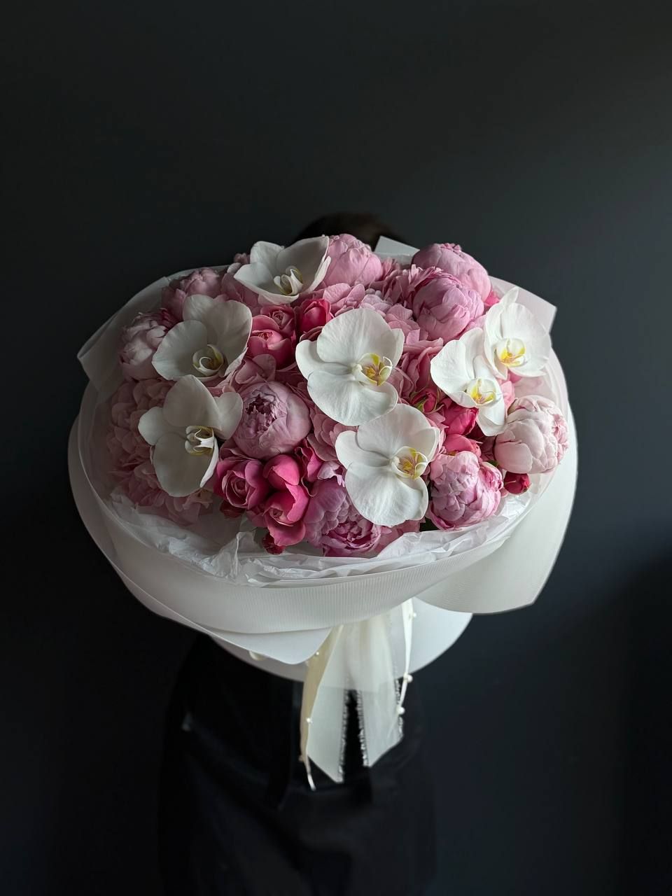 Bouquet of hydrangeas, peony roses, peonies and orchids Alexandra