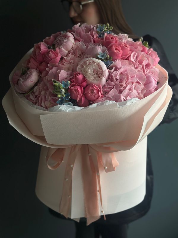 Bouquet with peonies, roses, hydrangeas, and blue accents «Sofia»