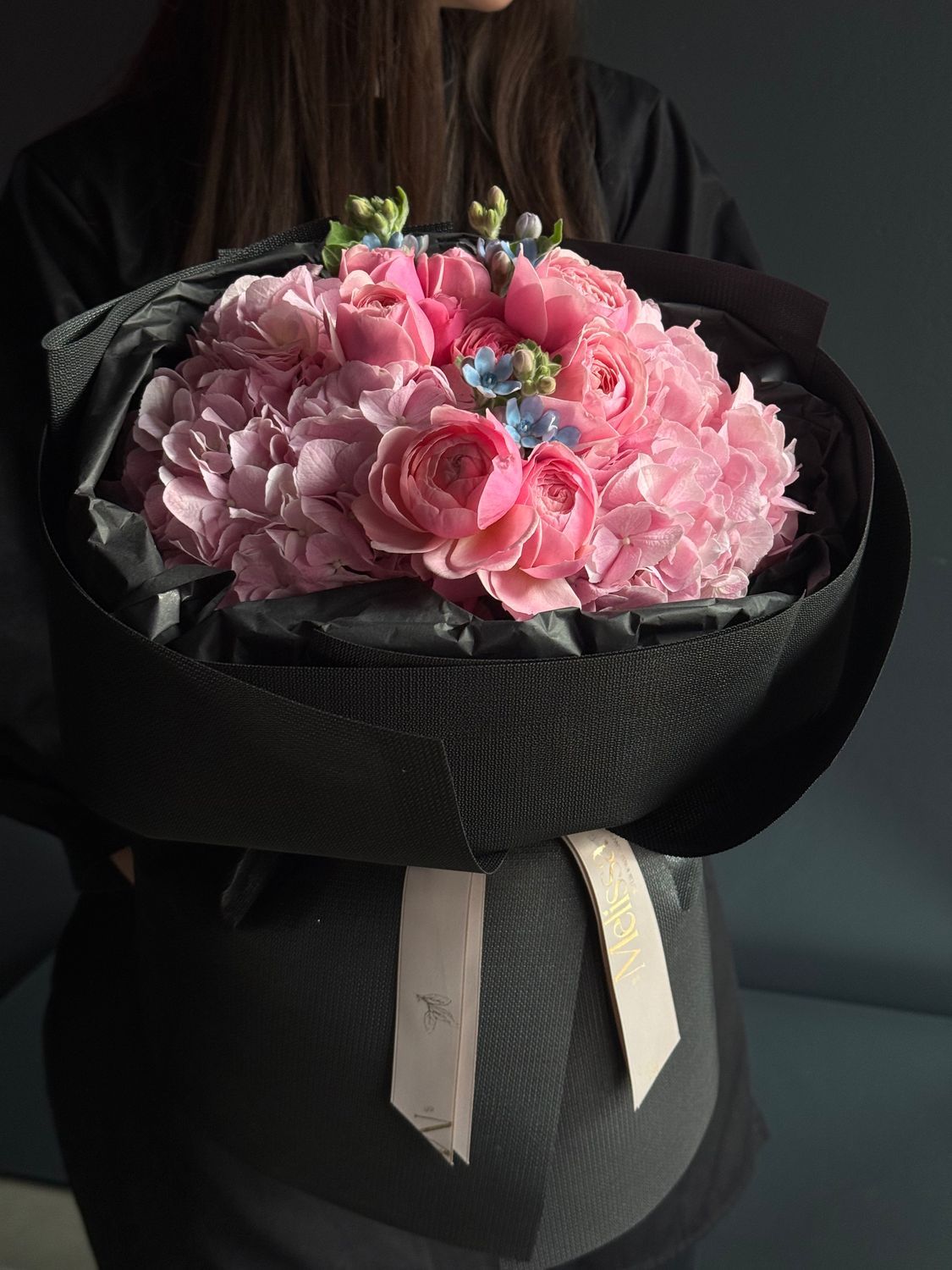 Bouquet with hydrangeas, roses, and a blue accent «Mila»