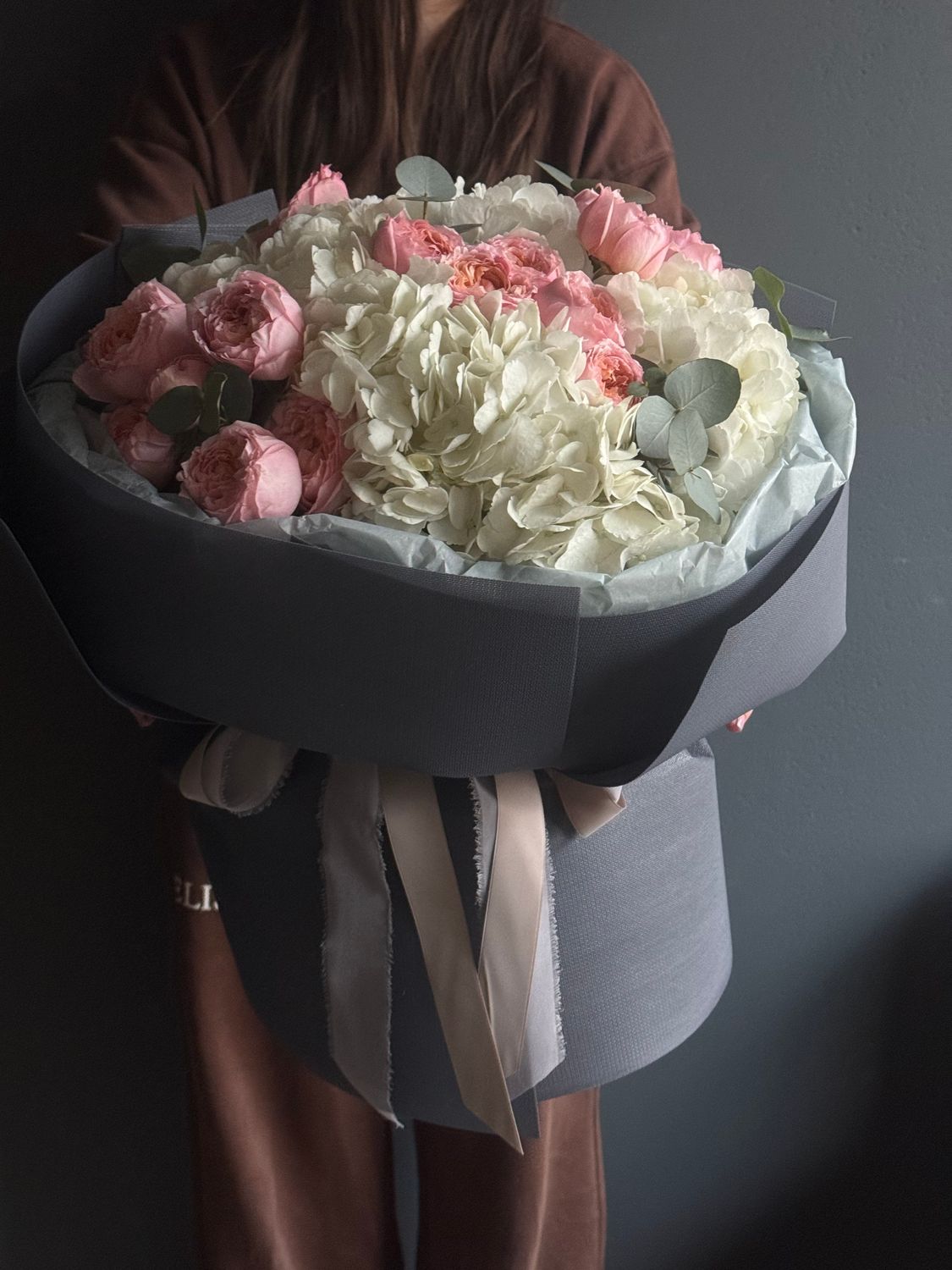 Bouquet with white hydrangeas, roses, and eucalyptus «Nelly»