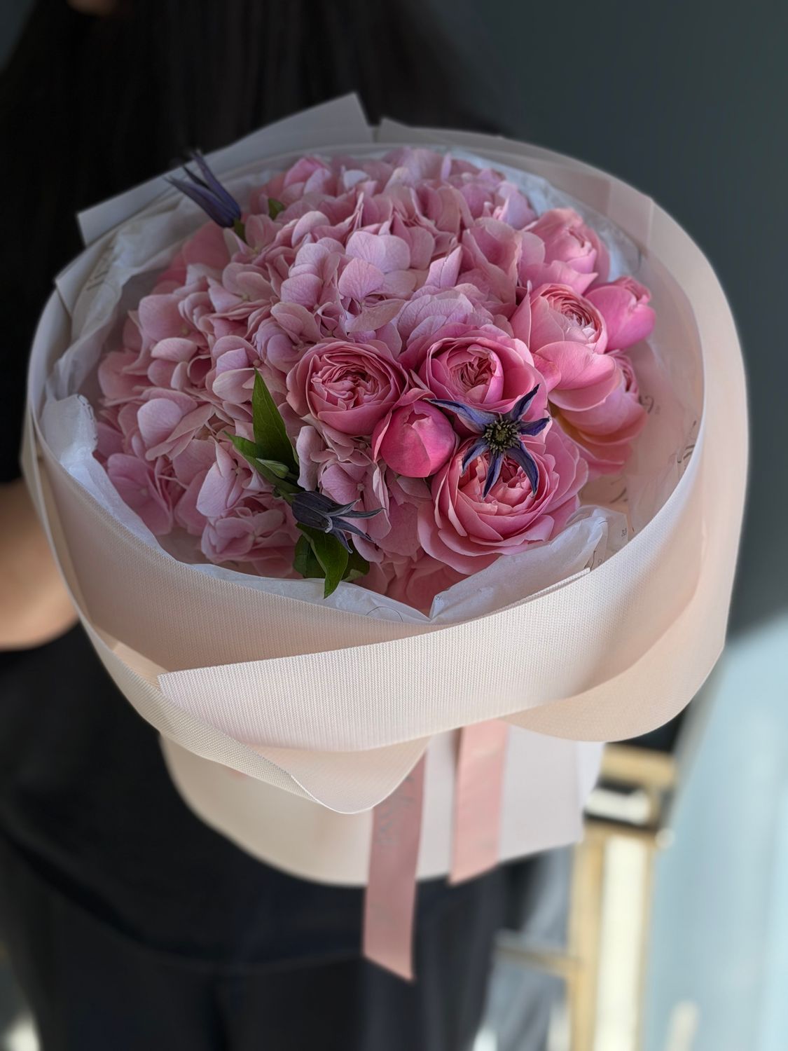 Bouquet with peony roses, hydrangeas, and clematis «Ella»