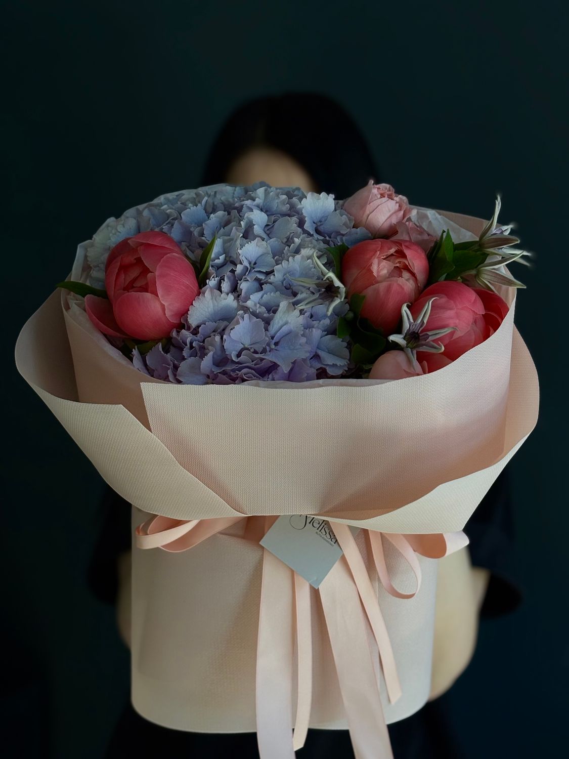 Bouquet of hydrangeas, peonies, clematis, and peony roses «Jasmine»