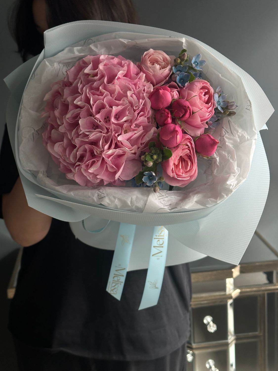 Bouquet of peony roses and hydrangeas with blue accents «Amanda»