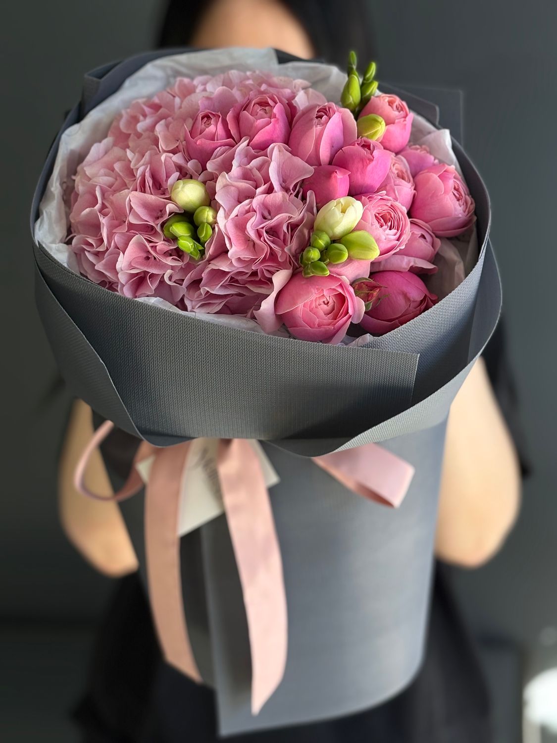 Bouquet of peony roses, hydrangeas, and freesias «Nicole»