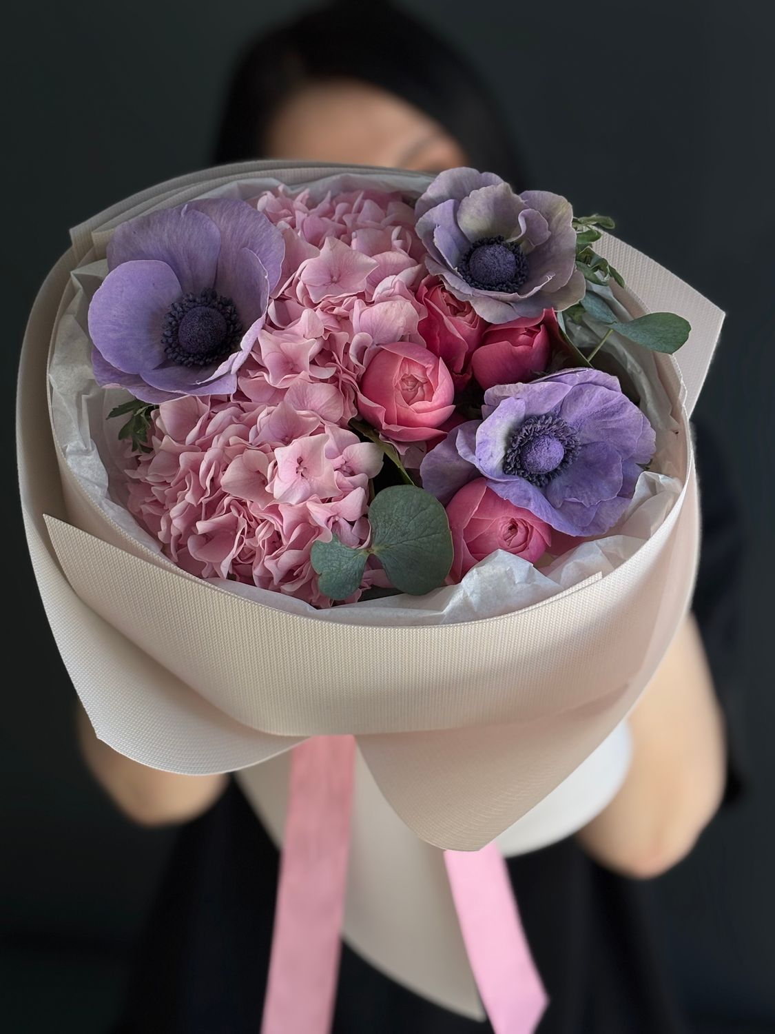 Bouquet of hydrangeas, peony roses, and anemones «Vanessa»