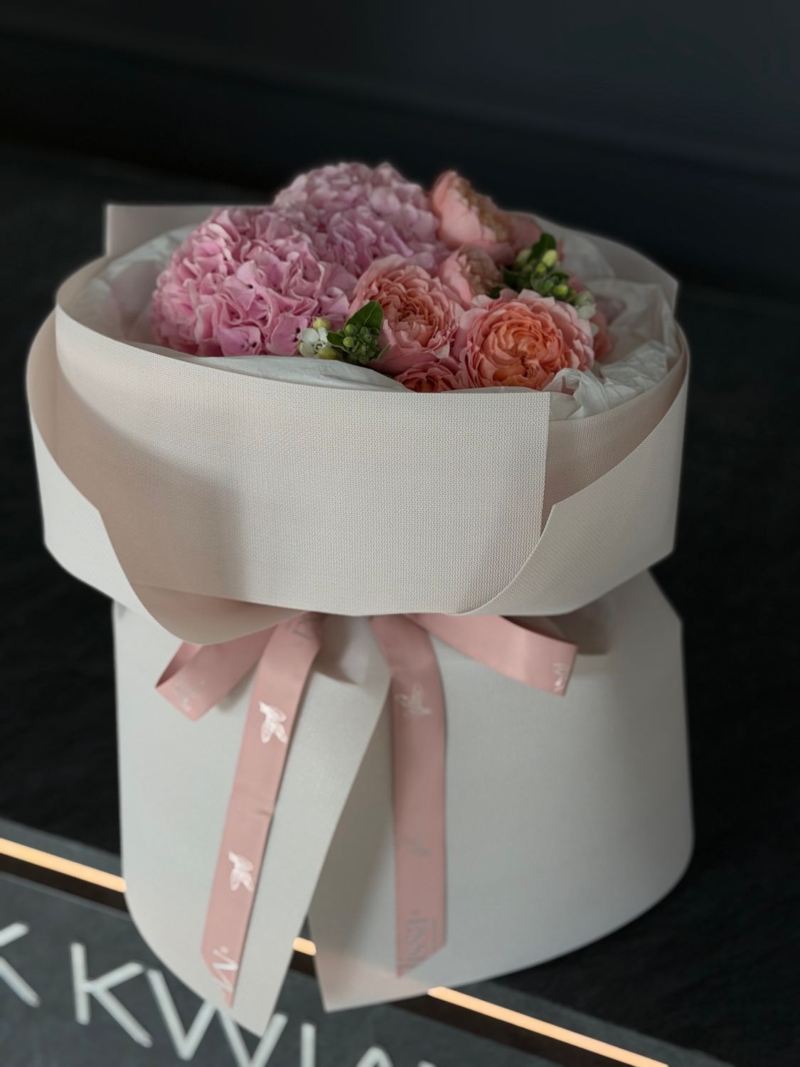 Bouquet of peony roses, hydrangeas and white accents «Amy»