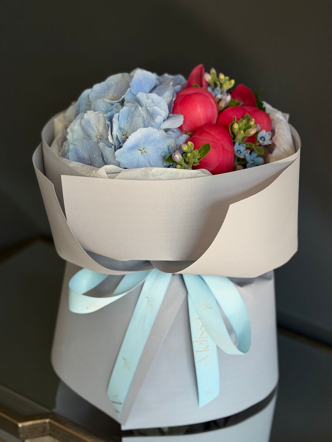 Peony and hydrangea bouquet with blue accents «Amadea»