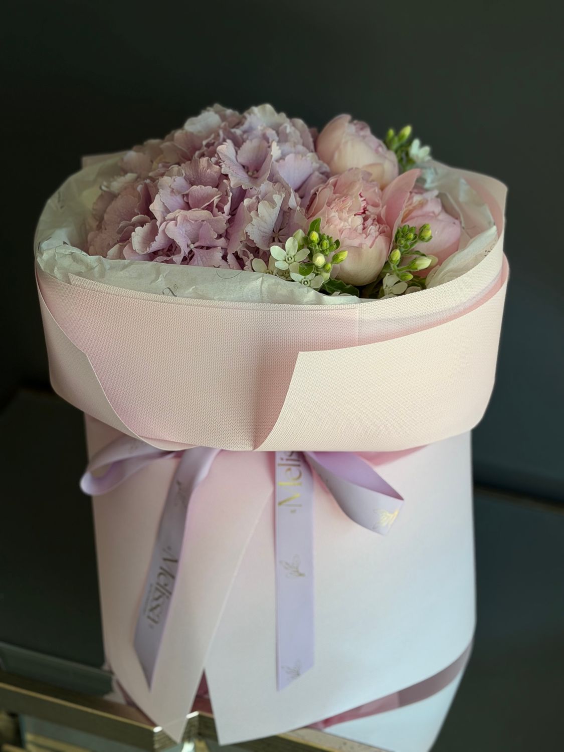 Hydrangea and peony bouquet with white accents «Daniela»