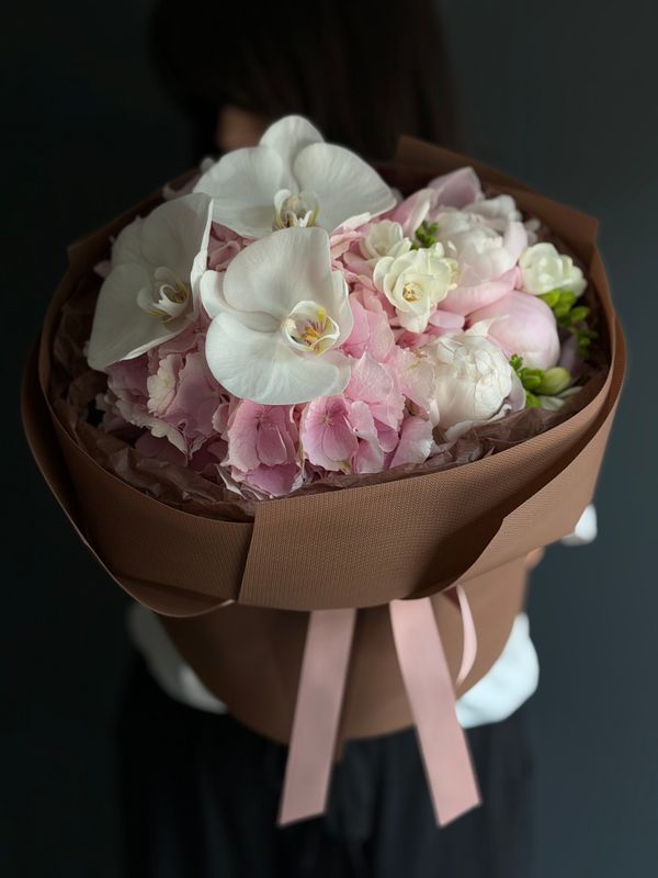 Hydrangea, orchid and peony bouquet «Cressida»