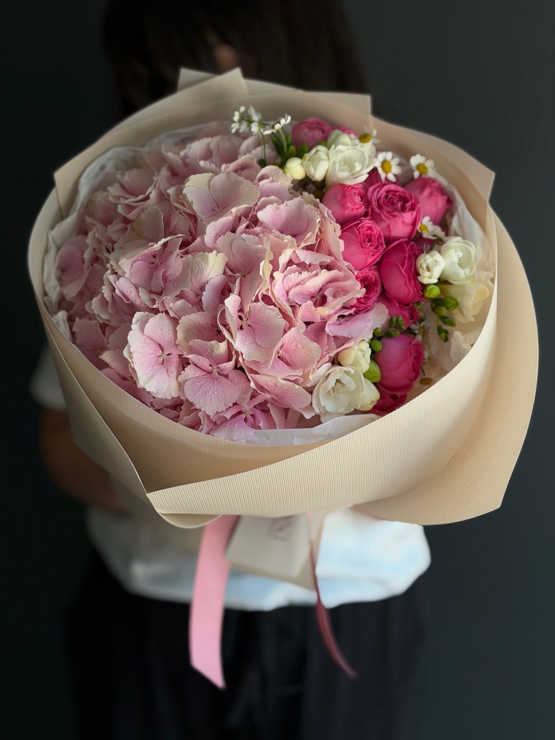 Hydrangea, spray rose and freesia bouquet «Ophelia»