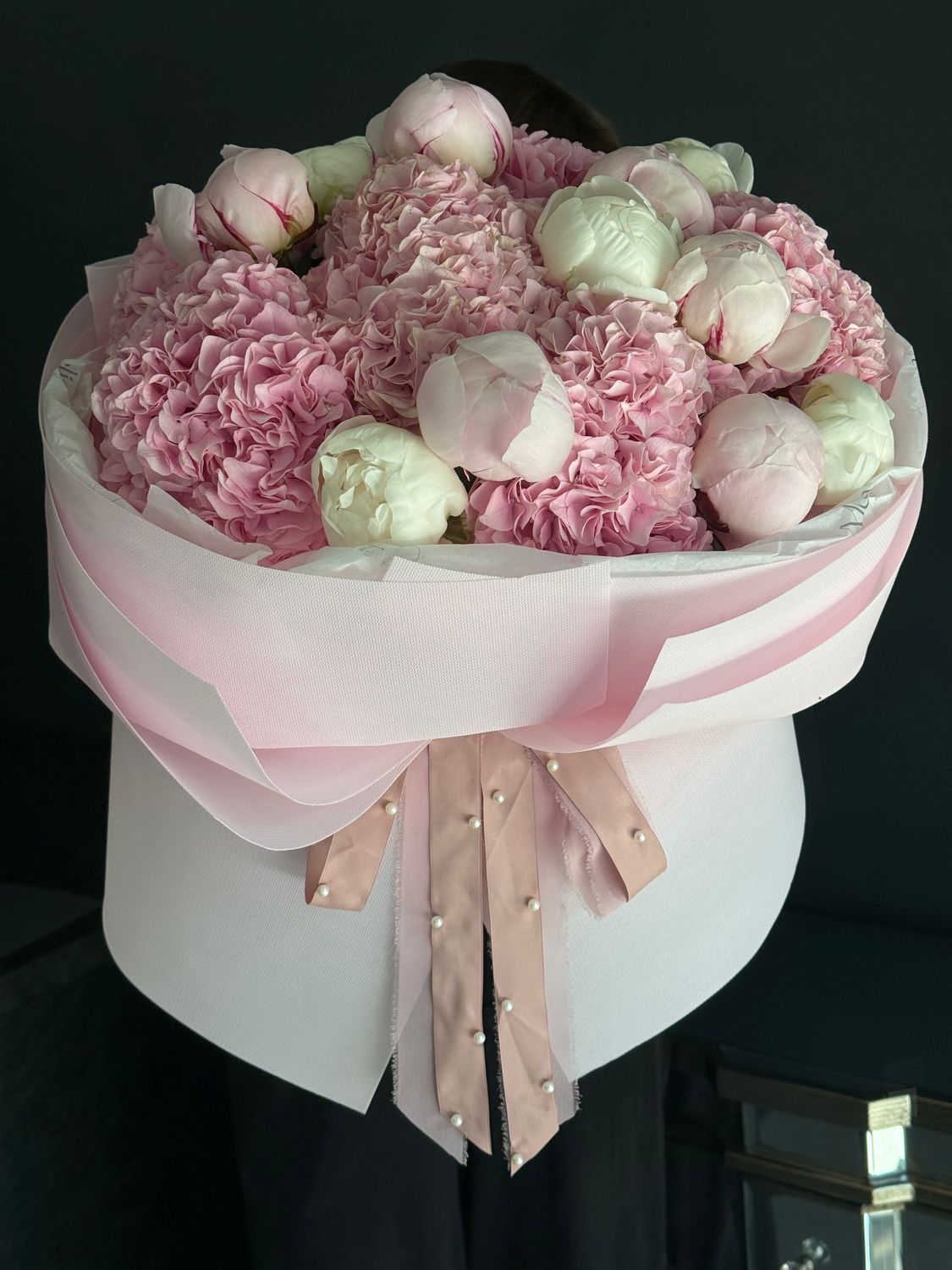 Bouquet of hydrangeas, white and pink peonies «Nadine»