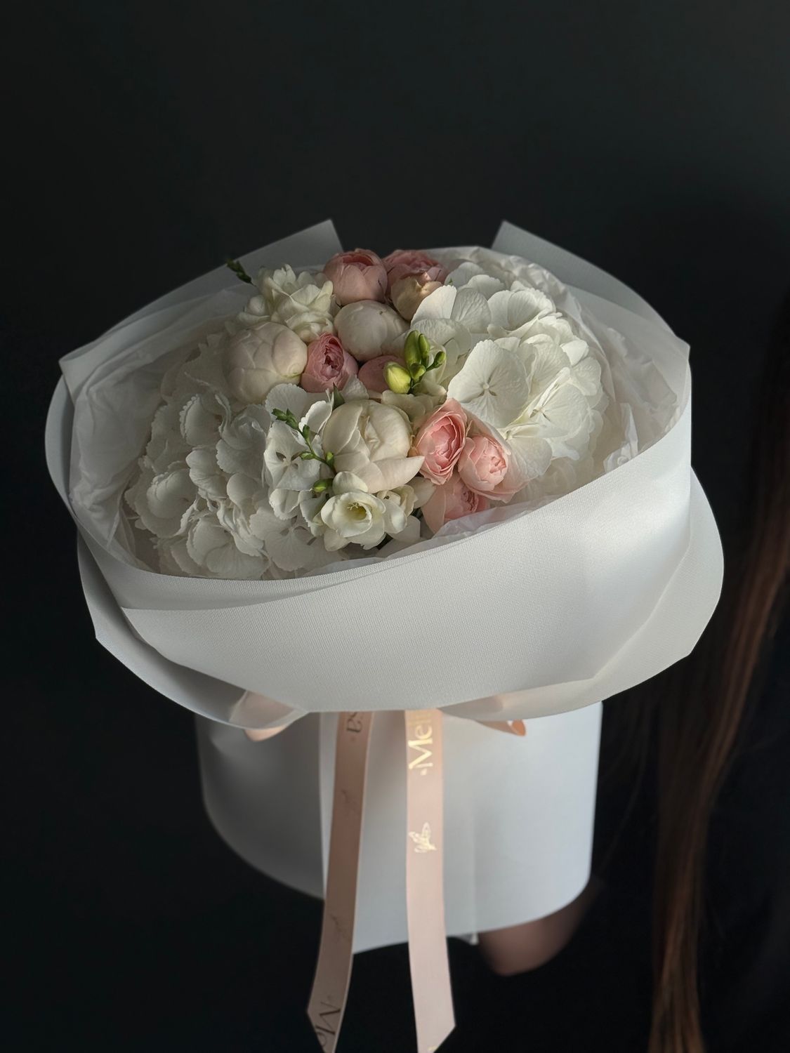 Bouquet of hydrangeas, peonies, peony roses and freesias «Quinn»