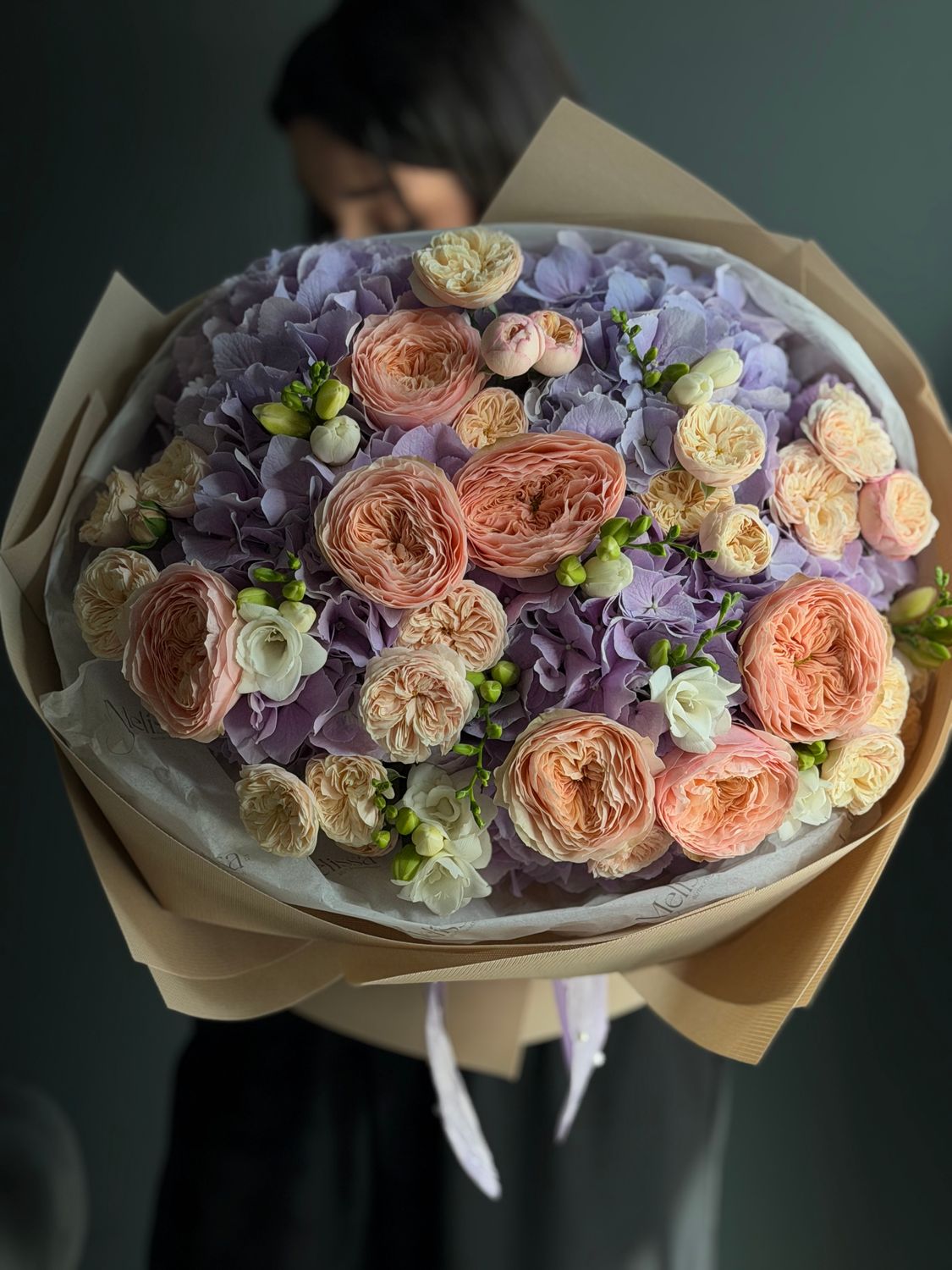 Bouquet of hydrangeas, peach roses and freesia «Talia»