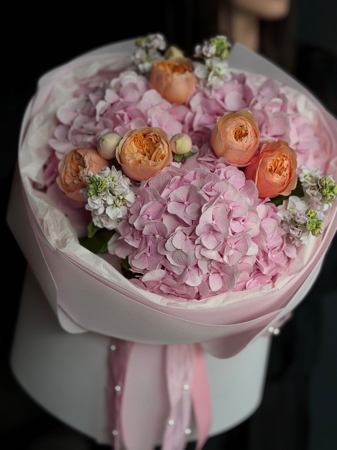 Bouquet pink hydrangeas, peach roses and matthiols «Lucinda»