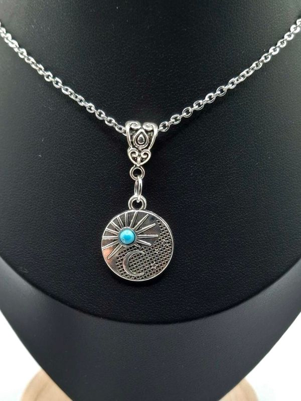 Silver &amp; turquoise moon stars pendant necklace