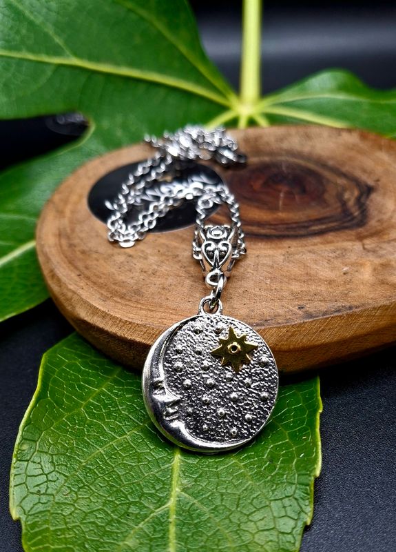 Silver &amp; gold moon stars pendant necklace