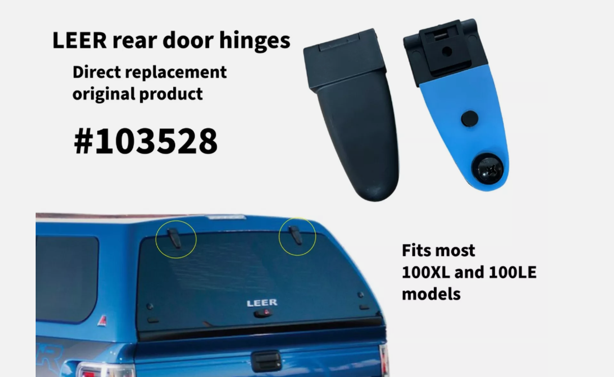 Strong black composite material
Includes 2 hinges, 2 torx screws, 2 grommets and 2 hinge pads
Works on most versions of LEER models 100XL and 100LE
The hinge is 2" wide at the top and 4-1/4" tall from top to bottom
The mounting hole between cap and hinge is 3/4" down from the top closed
The pin and bolt that holds the hinge to the glass: Top pin is 2-5/8" down and the hole is 3-7/8" down from the top of the hinge closed
This style may also be used to replace the 2 bolt version
Please contact us with any questions about proper installation
