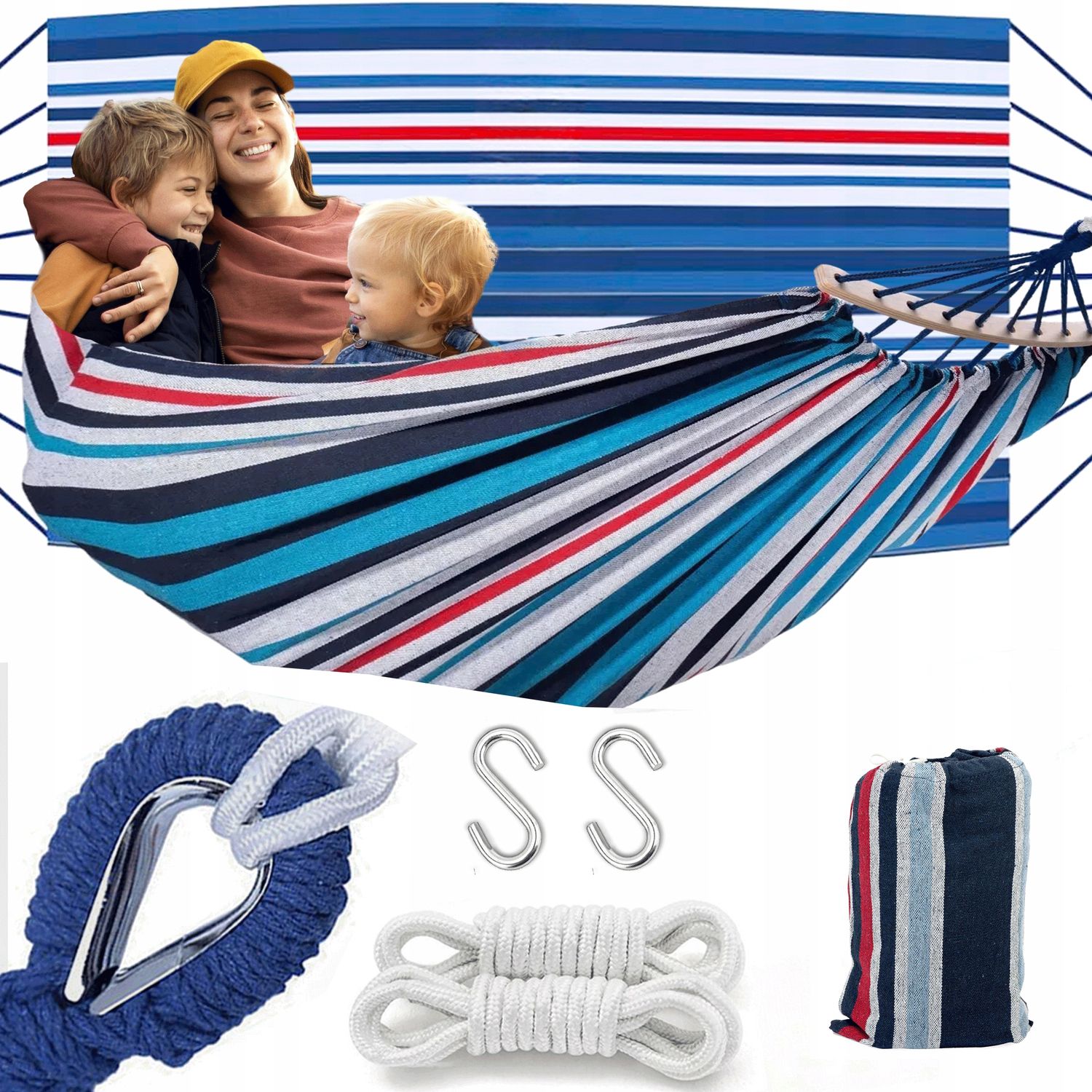 HAMAK OGRODOWY XXL 2 osobowy HUŚTAWKA z drążkiem 260x155cm +TORBA HAKI LINY - kolor niebieskie paski