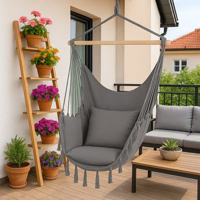 Fotel wiszący brazylijski z poduszkami i zestawem montażowym – boho szary 130×100 cm | MAMWYBUJANE