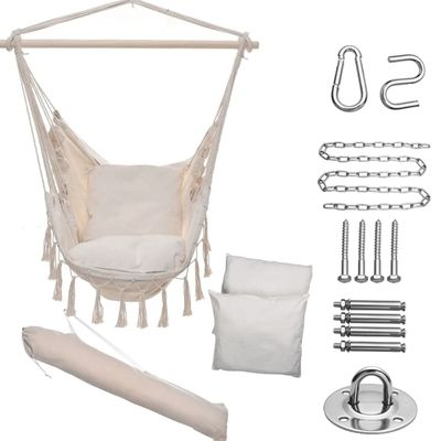 Fotel wiszący brazylijski BOHO ekru z poduszkami i zestawem montażowym – 130×100 cm, udźwig 150 kg | MAMWYBUJANE