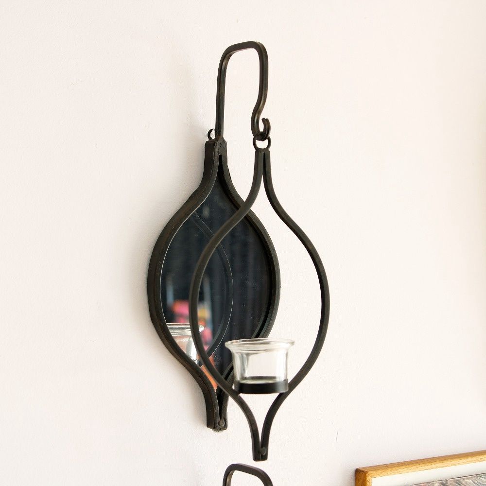 Black Metal Teardrop Mirror w/Candle Holder