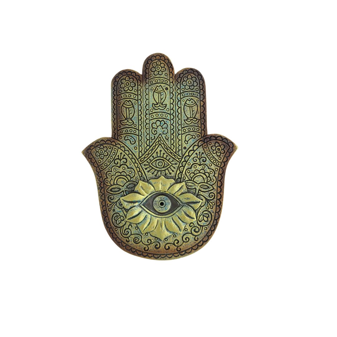 Gold &amp; Green Hamsa Hand Incense Burner