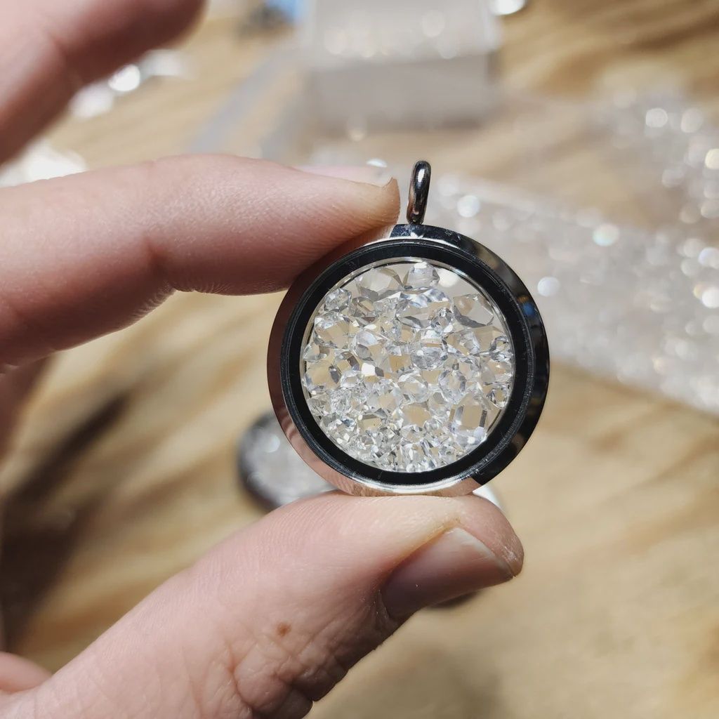 Pendant - Herkimer Diamond Chips in Round Stainless Steel Container