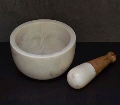 Mortar &amp; Pestle White Marble w/ Wood &amp; Marble Handle