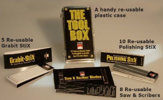 Scale Motorsport The Tool Box: 5 Grabit Stix, 10 Polishing Stix, 4 Saw Blades, 4 Scriber Blades 1104