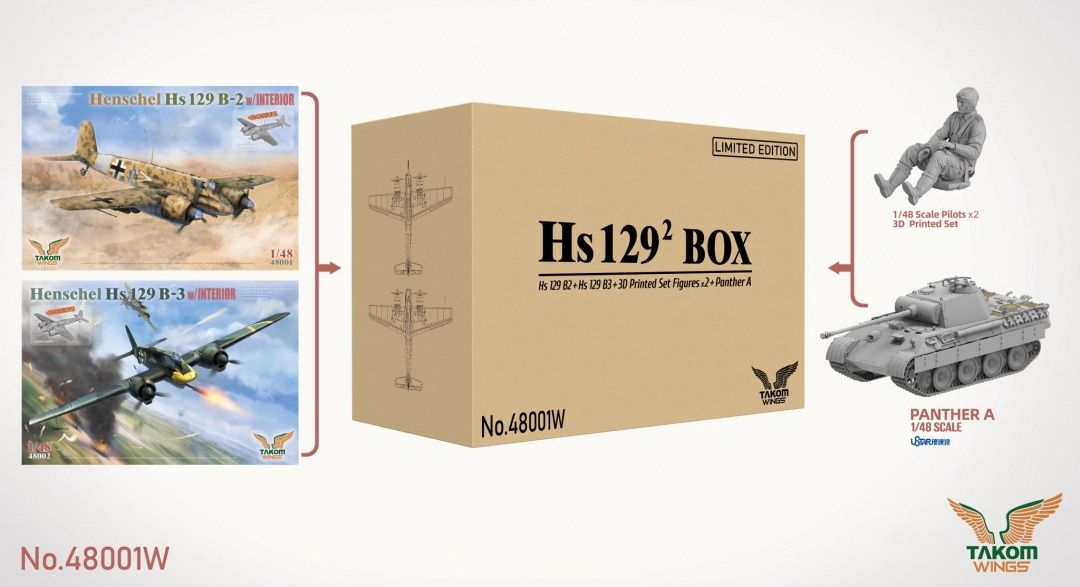 Takom 1/48 Hs129² Box: Hs129 B2 + Hs129 B3 + 3d Printed Figures x2 + Panther A 48001W