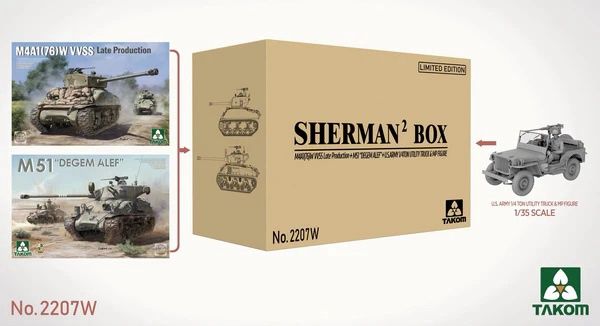 Takom 1/35 Sherman² Box M4A1(76)W VVSS + M51 "Degem Alef" + US Army 1/4-ton Utility Truck w/Trailer&amp;Figure 2207W