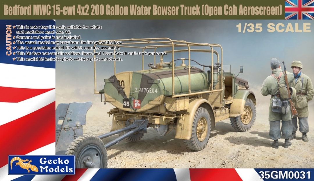 Gecko 1/35 Bedford MWC 15-cwt 4x2 200 Gallon Water Bowser Truck (Open Cab Aeroscreen) 35GM0031