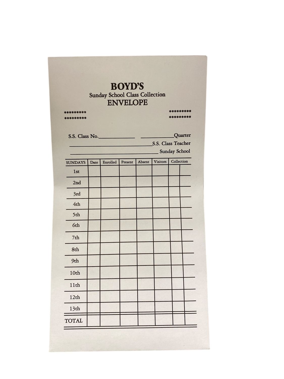 Sunday School Class Collection Envelope
