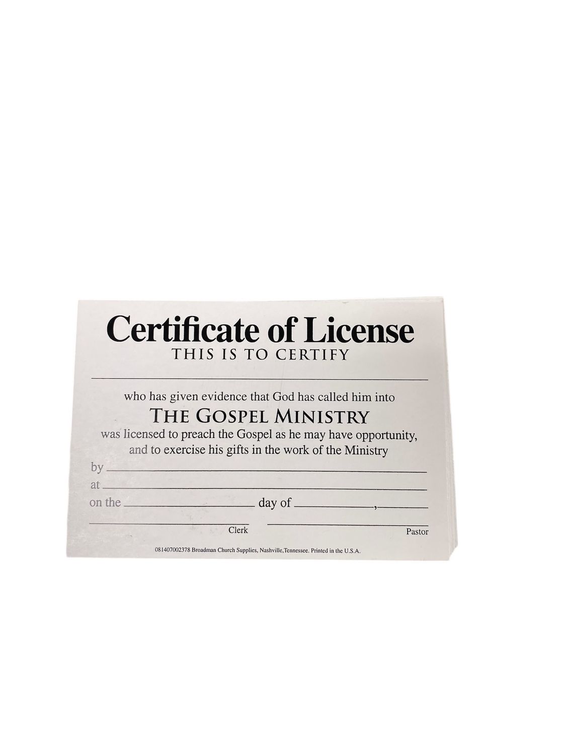 Certificate of License Billfold Size