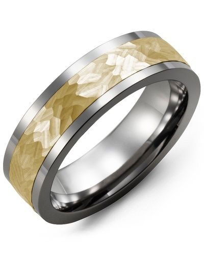 Madani Tungsten &amp; 10k Yellow Gold Hammer Effect Ring 7mm