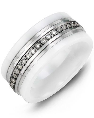 Madani White Ceramic &amp; 10K White Gold  Eternity 0.15ct Ring 9mm