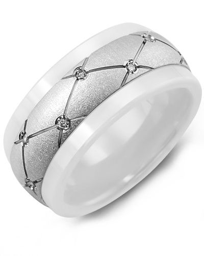 Madani White Ceramic &amp; 10K White Gold Brush Pattern 0.14ct Ring 9mm
