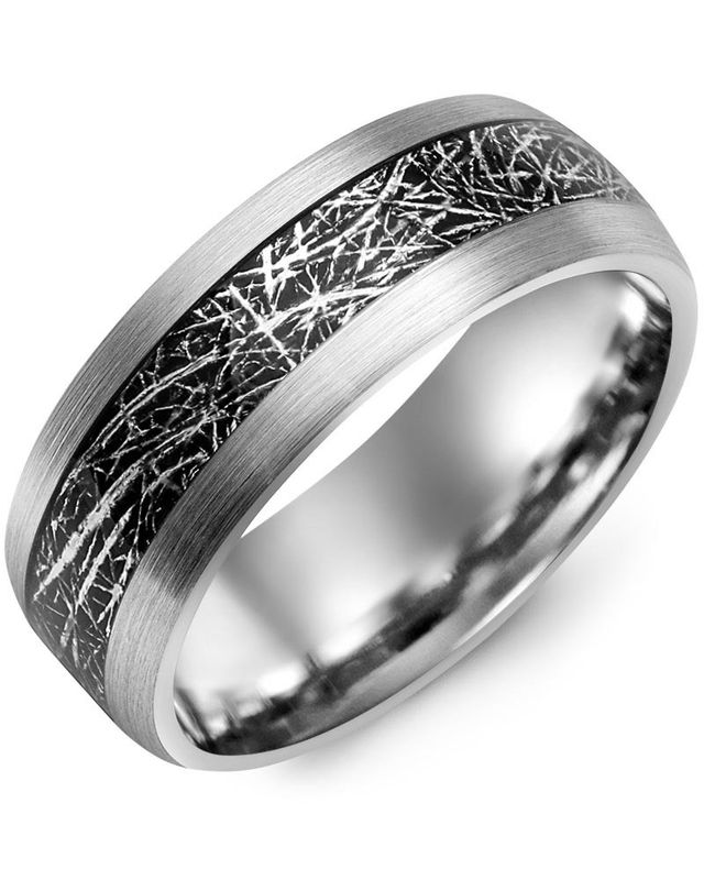 Madani Tungsten Dome Black Meteorite Brush Ring 8mm