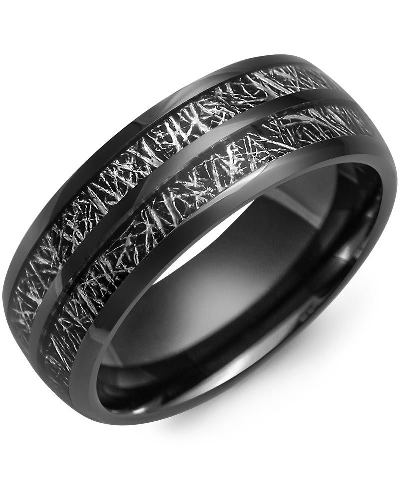 Madani Black Ceramic Dome &amp; Double Black Meteorite Ring 8mm