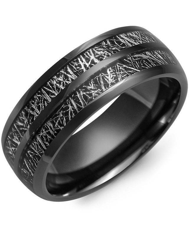 Madani Black Ceramic Dome &amp; Double Black Meteorite Ring 8mm