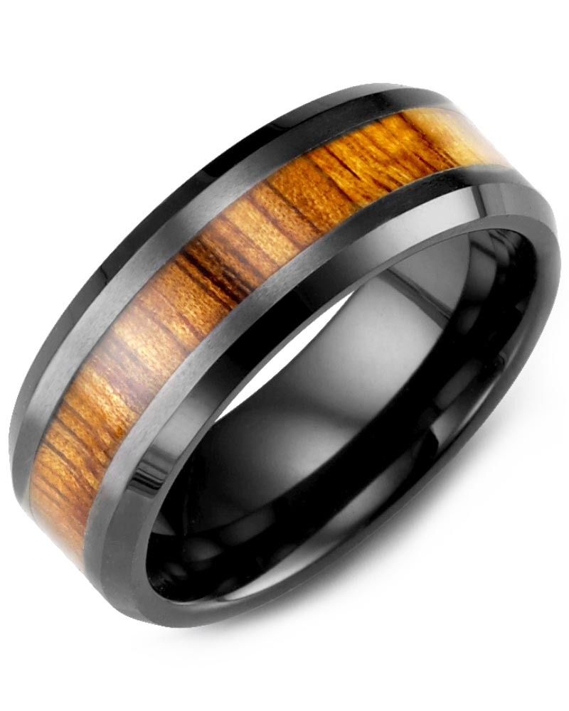 Madani Black Ceramic Bevelled &amp; Koa Wood Ring 8mm