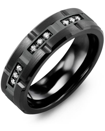 Madani Black Ceramic Grooved &amp; Diamond 10K Black Ring
