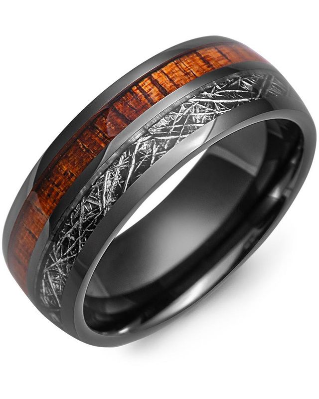Madani Black Ceramic Dome &amp; Meteorite &amp; Koa Wood Ring 8mm